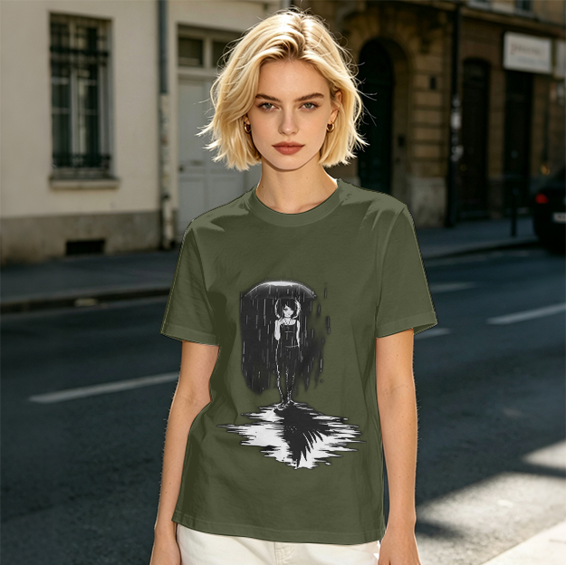 Olive T-Shirt With Rainy Figure And Shadow Graphic Print