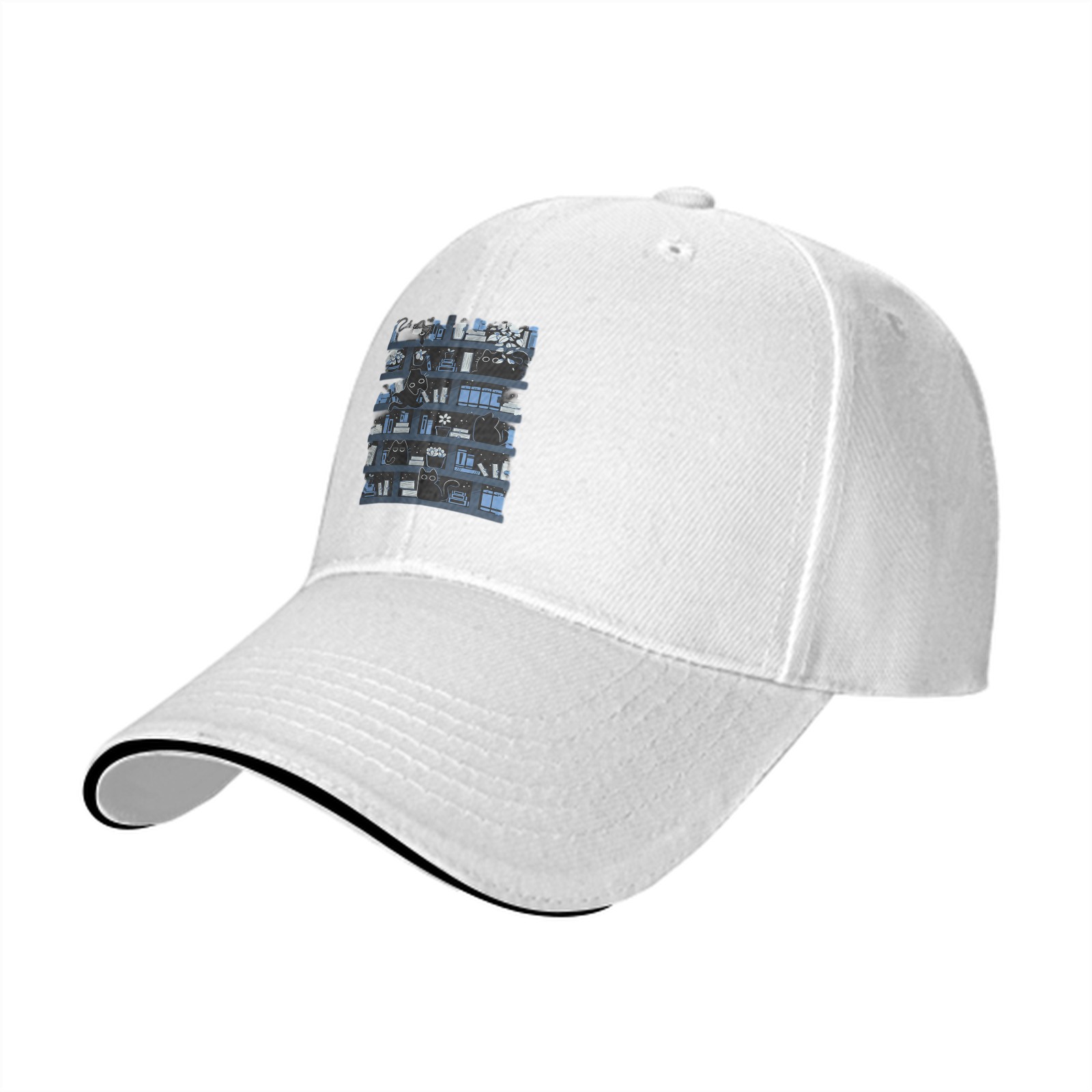 Black Baseball Cap With Bookshelf And Black Cat Graphic