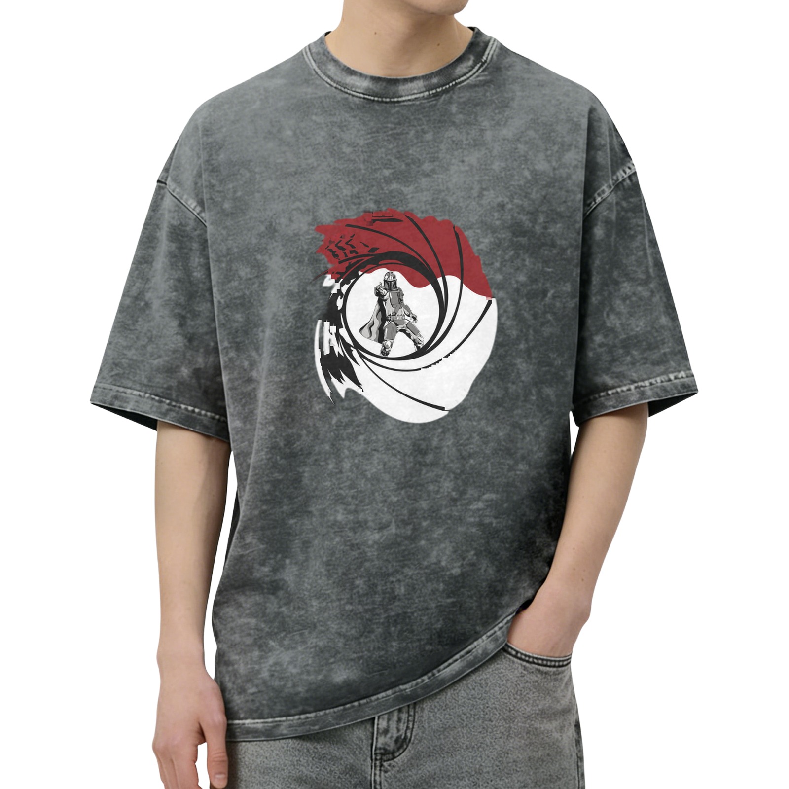 Distressed black round neck short-sleeved T-shirt with secret agent theme gun barrel pattern print