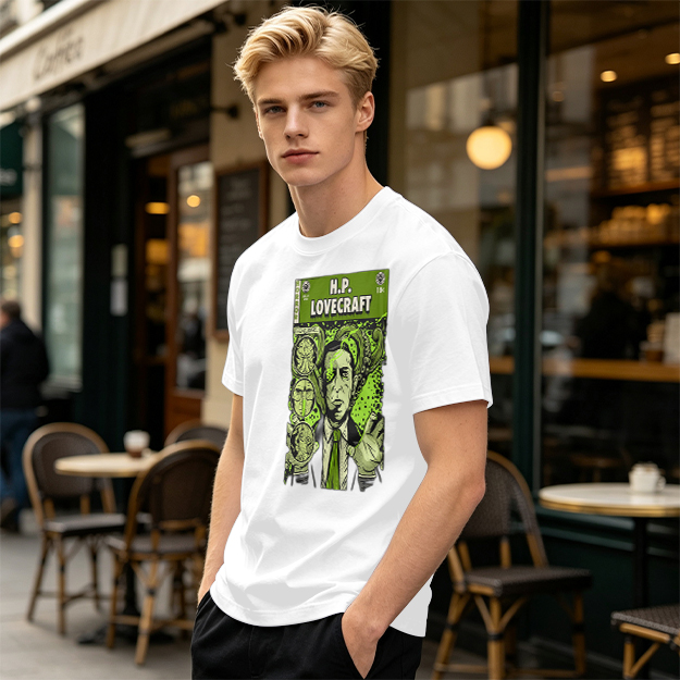 H.P. Lovecraft Comic Print Graphic Olive T-Shirt