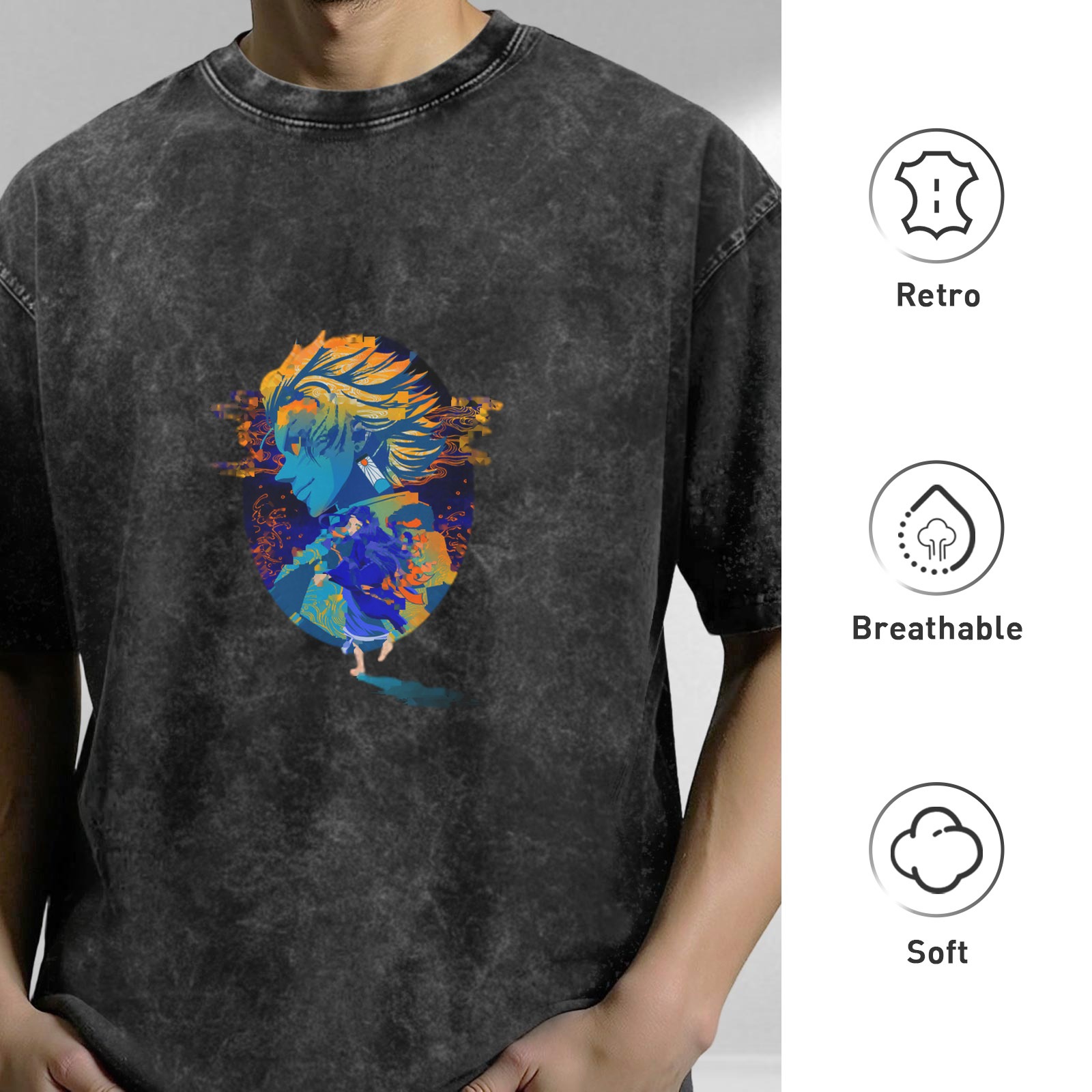 Oversized Acid-Wash Graphic T-Shirt with Anime Character Print
