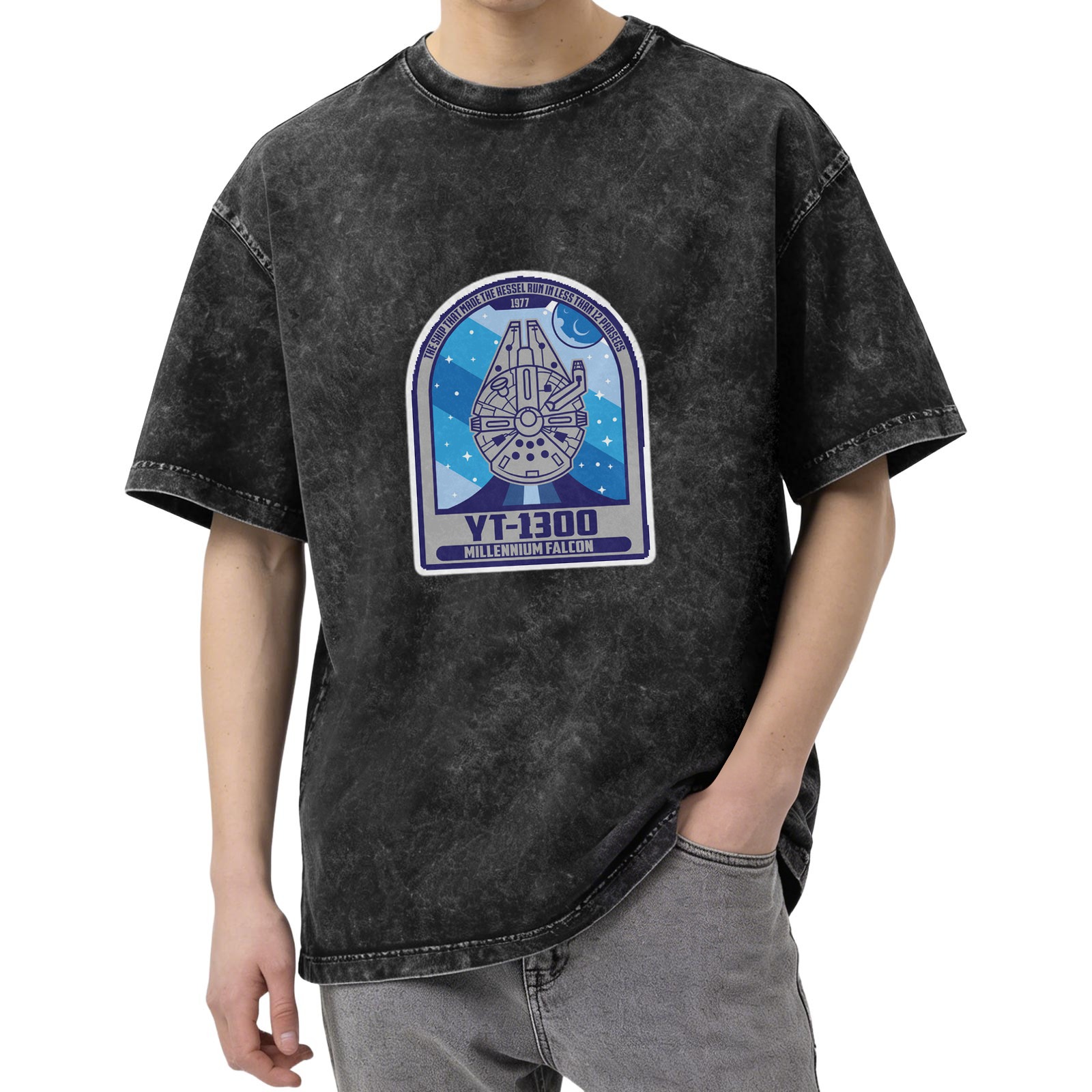 Oversized Stonewashed T-Shirt with Millennium Falcon YT-1300 Graphic