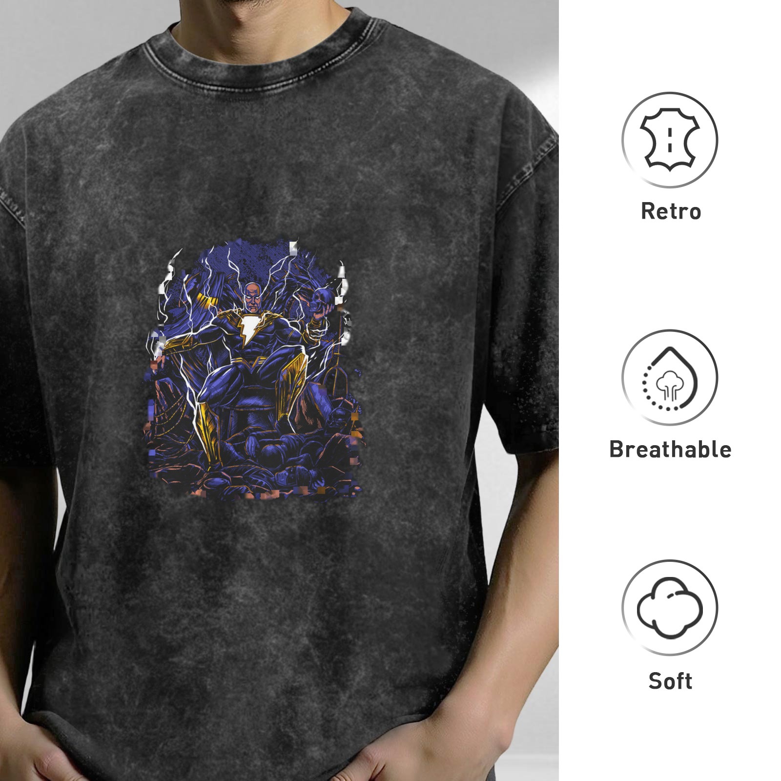 Oversized Dark Wash T-Shirt With Black Adam Lightning Artwork