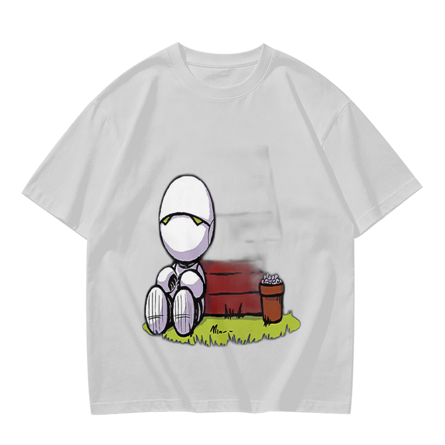 Olive T-Shirt With Sad Sitting Robot Graphic Print