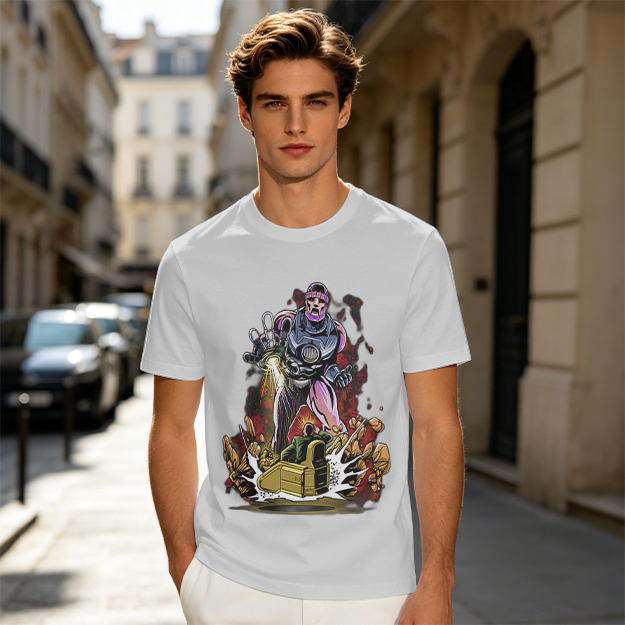 Olive T-shirt with Robot Villain and Tank Action Graphic
