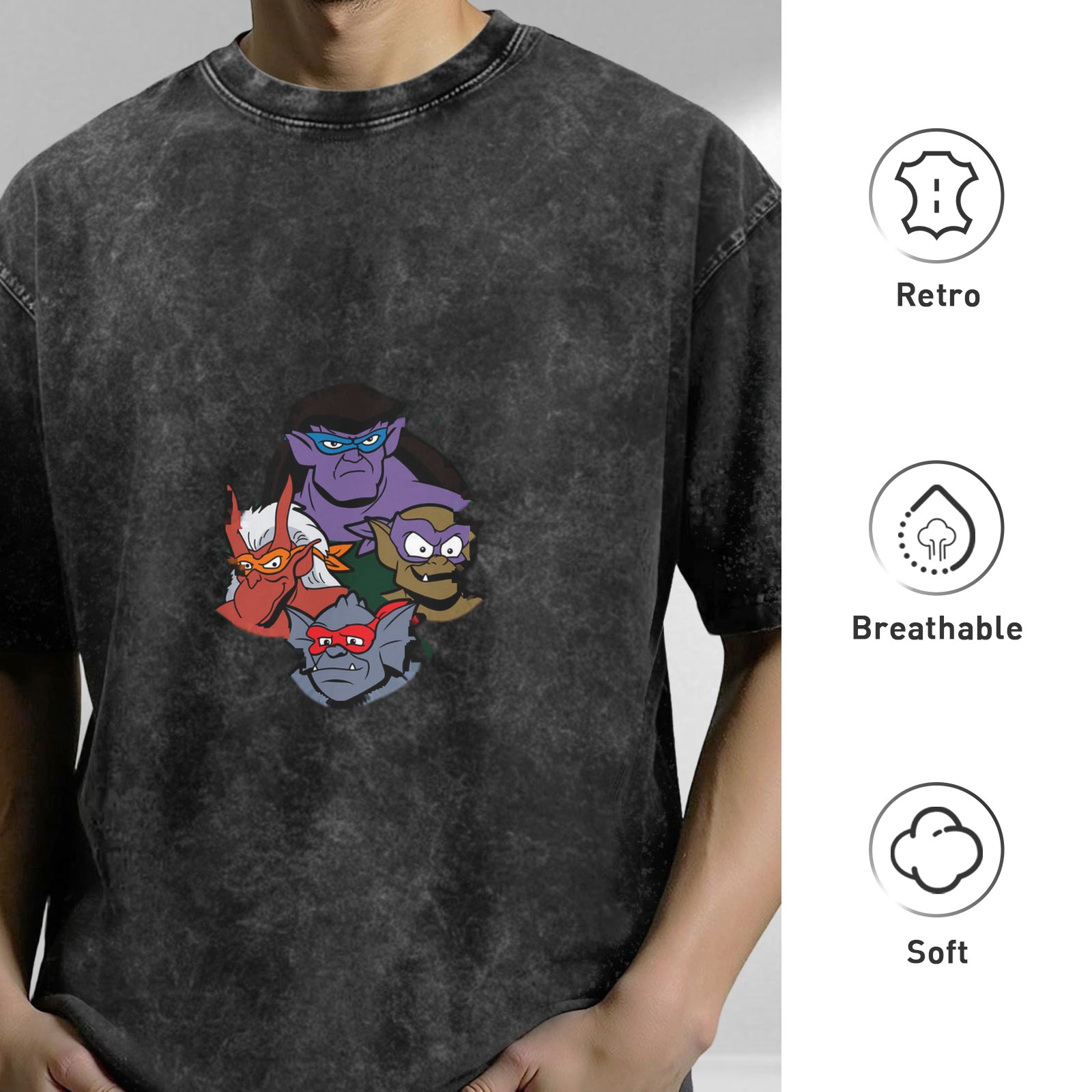 Washed black graphic t-shirt with Gargoyles cartoon character heads