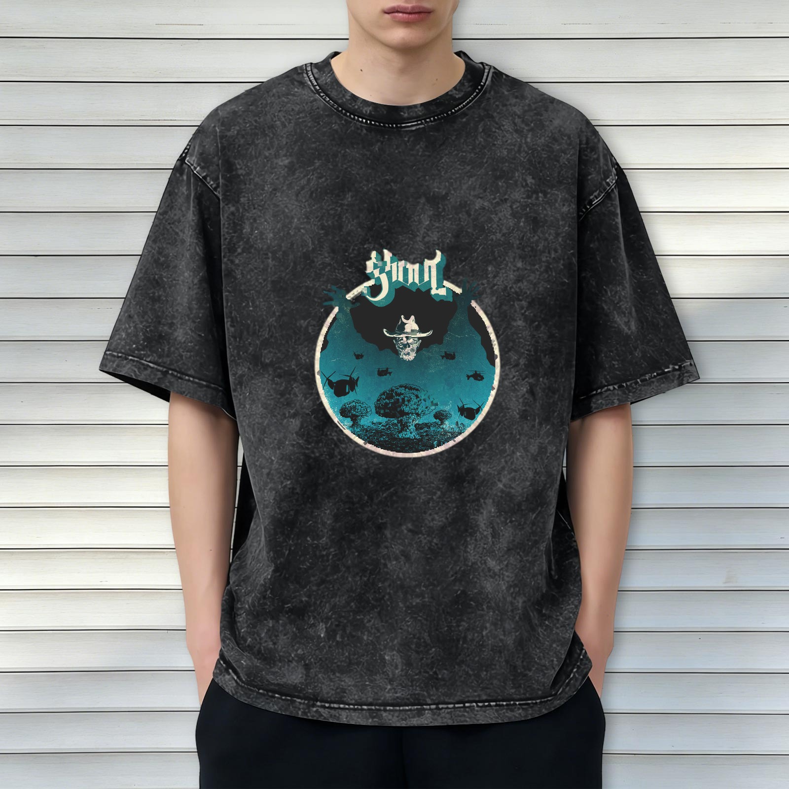 Washed Black Graphic T-Shirt with Skull and Mushroom Cloud Art