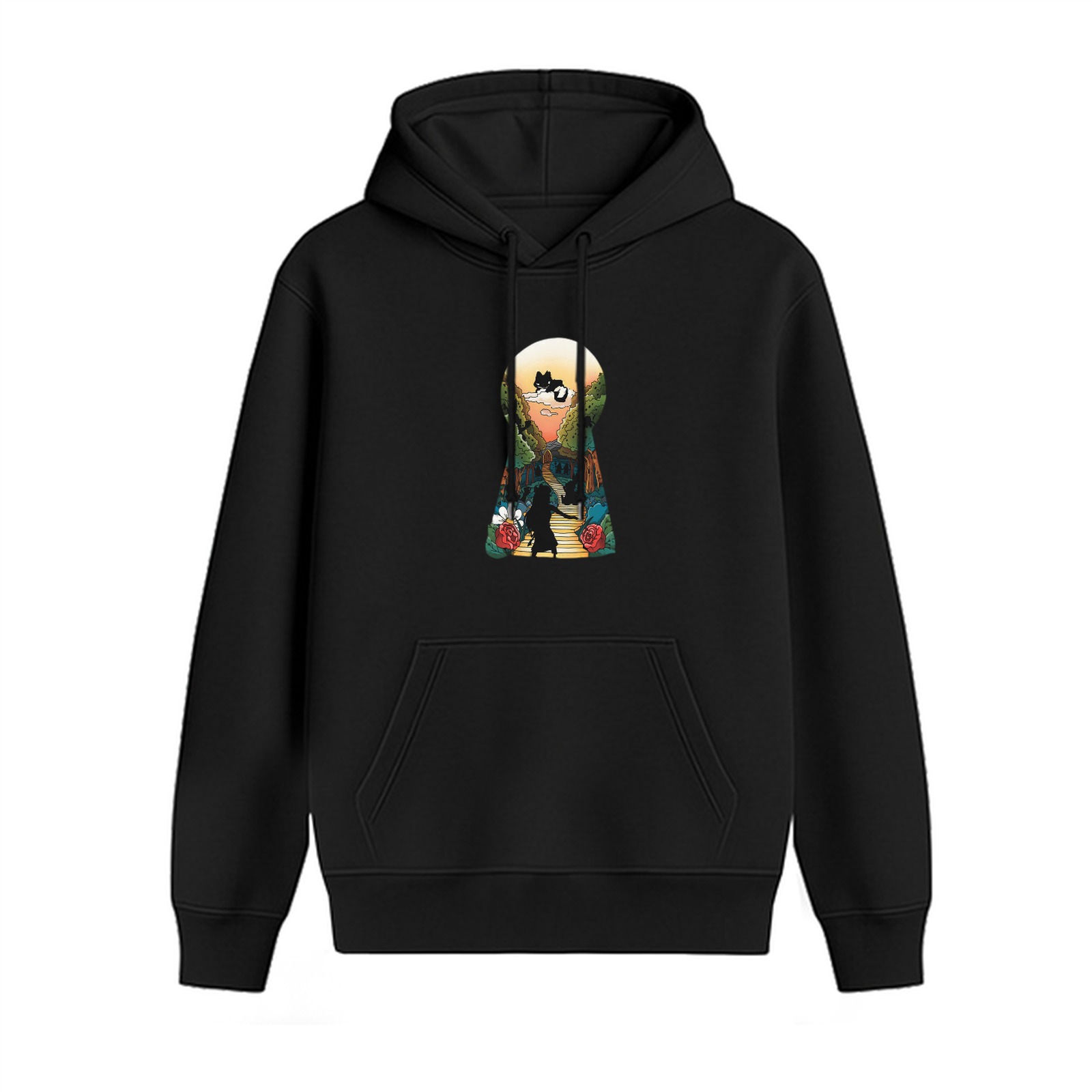 Black hoodie with keyhole fantasy landscape graphic print