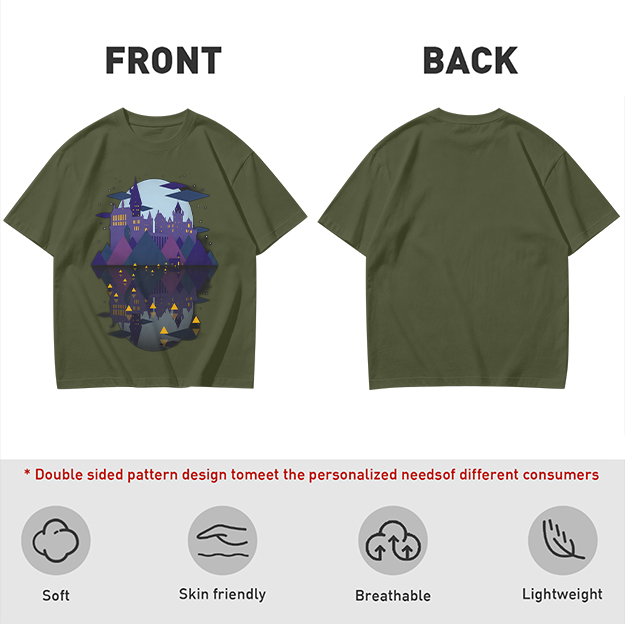 Olive T-Shirt With Night Castle Lake Reflection Graphic