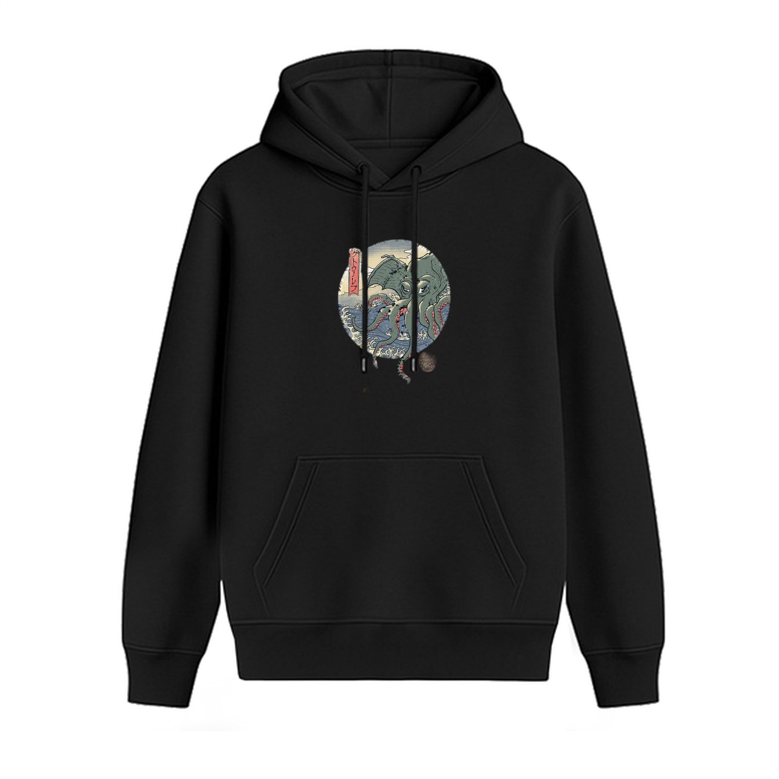Black Hoodie with Ukiyo-e Style Cthulhu Sea Monster Print