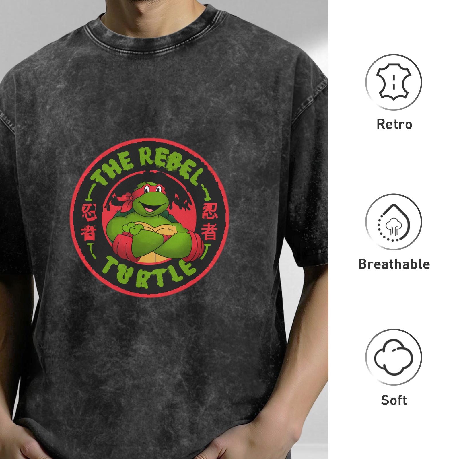 Washed black t-shirt with Teenage Mutant Ninja Turtle Rebel Turtle graphic