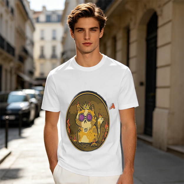 Olive T-Shirt With Flaming Royal Cat Wearing Sunglasses Print