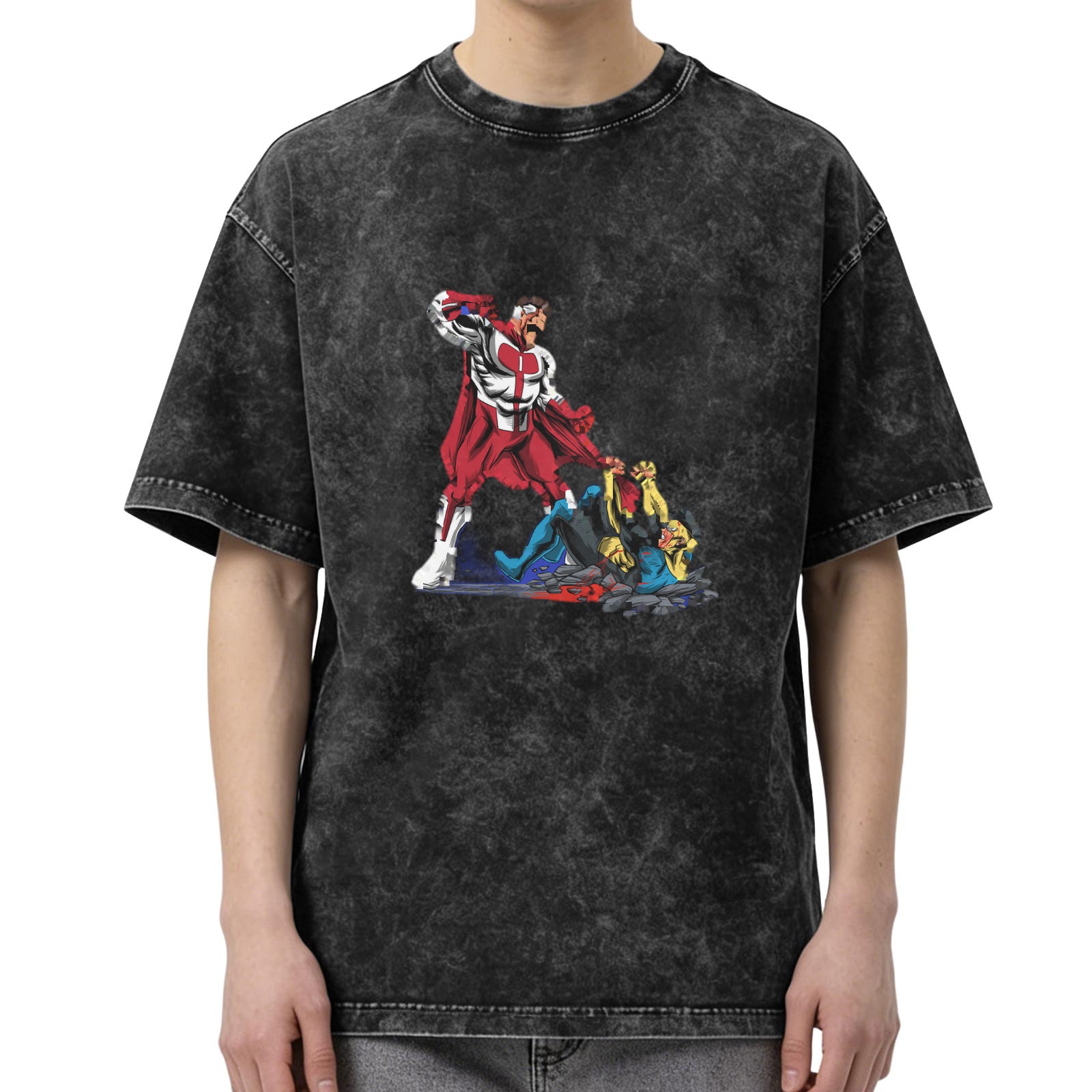 Oversized Dark Wash T-Shirt with Superhero Fight Graphic Print