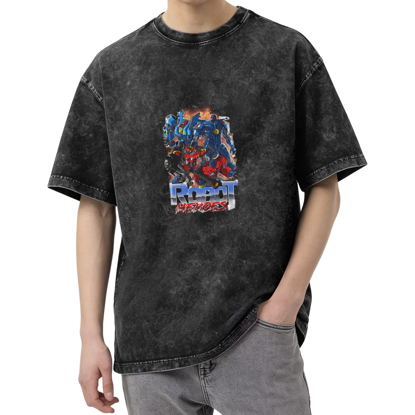 Oversized dark washed graphic t-shirt with Robot Heroes mecha print