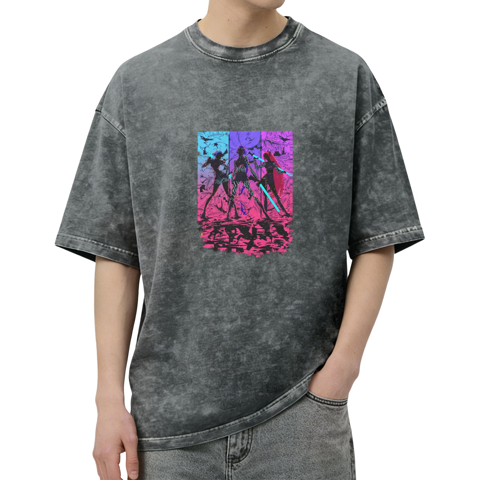 Distressed washed black cyber style anime character printed short-sleeved T-shirt