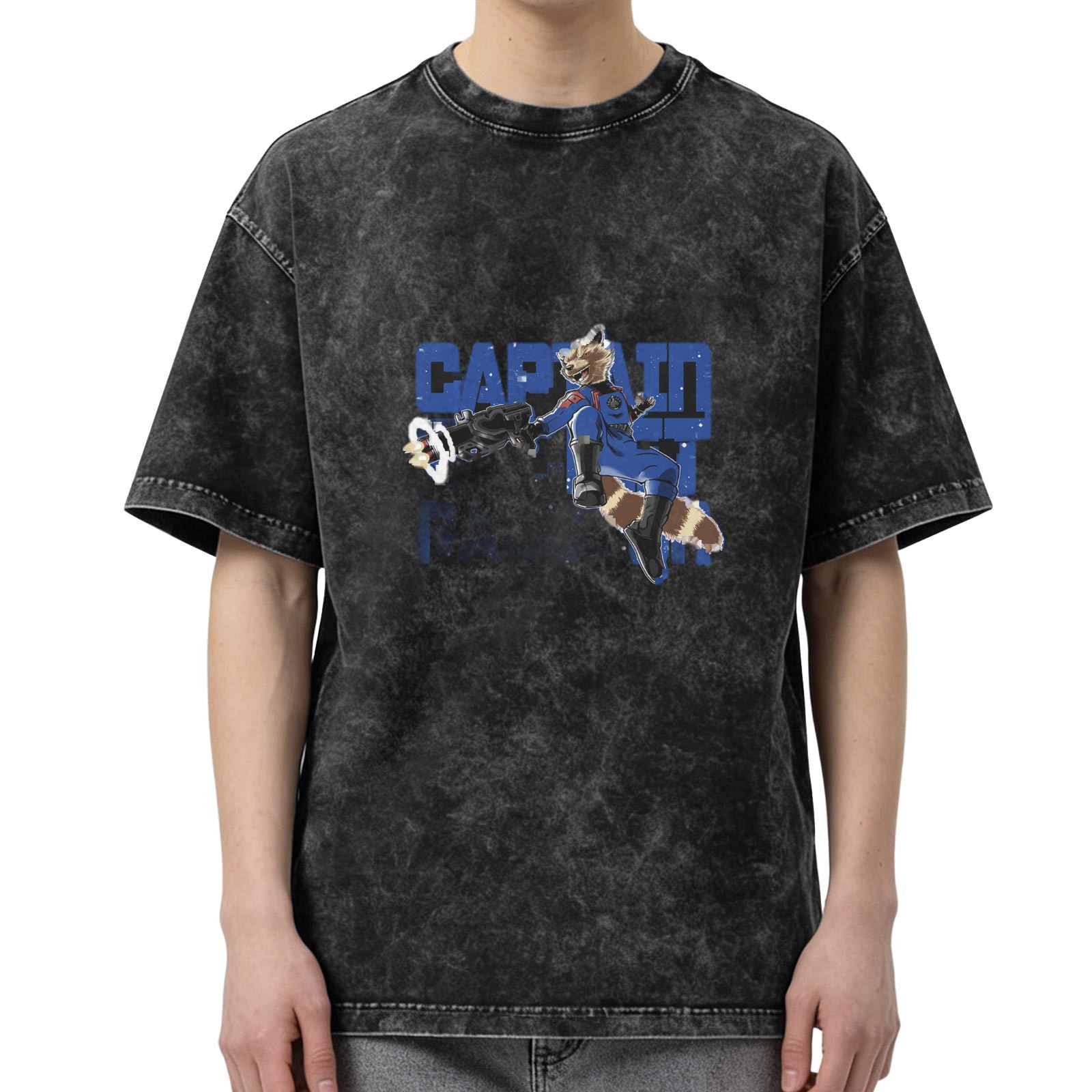 Washed black graphic t-shirt with Rocket Raccoon Captain print