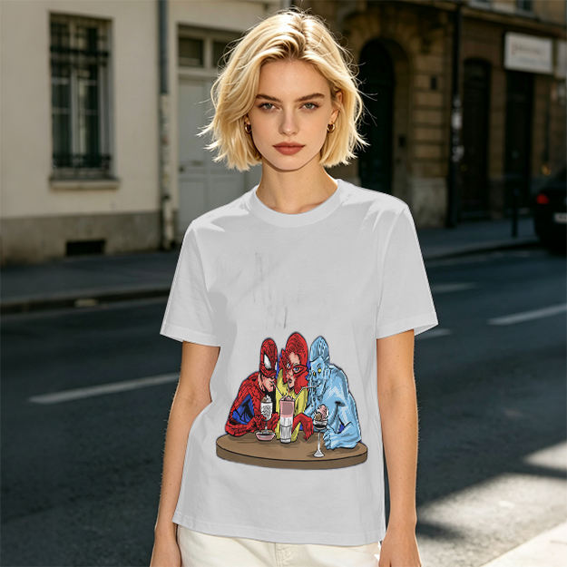 Olive T-Shirt With Superhero Characters Sharing Drinks Print
