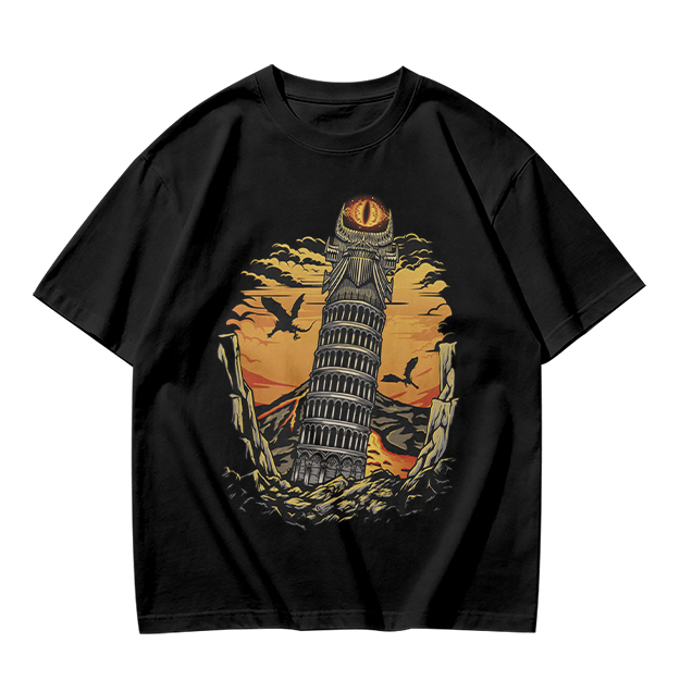 Ominous tower with eye and flying creatures graphic t-shirt