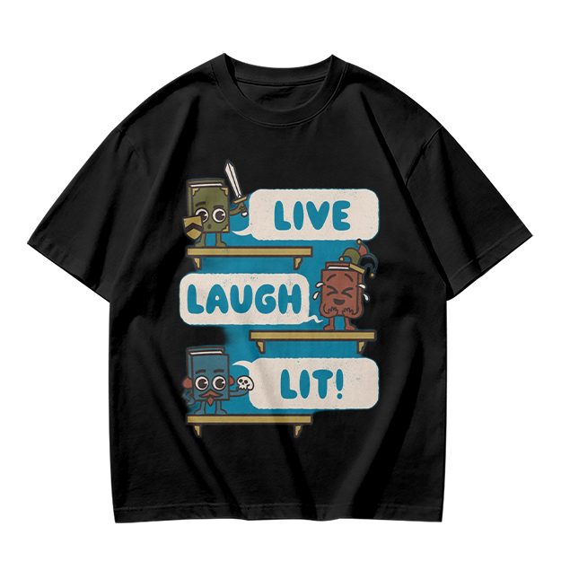 Olive T-Shirt With Cartoon Books 'Live Laugh Lit' Graphic