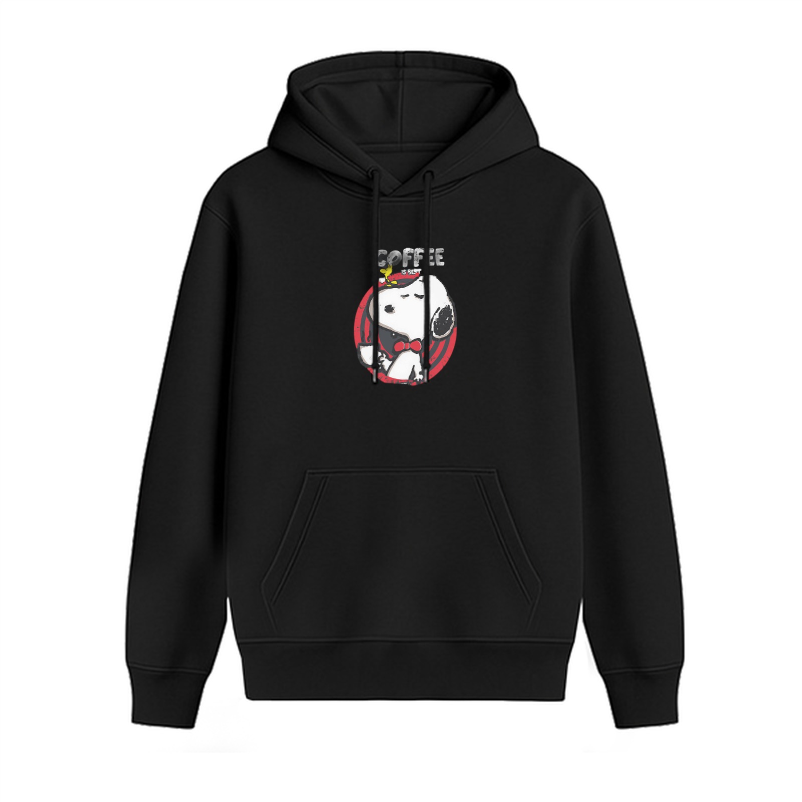 Black hoodie with Snoopy coffee graphic design