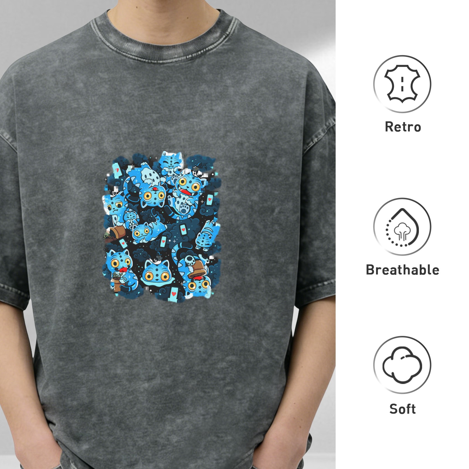 Oversized Vintage Wash Black T-Shirt with Blue Cute Cat Graphic Print