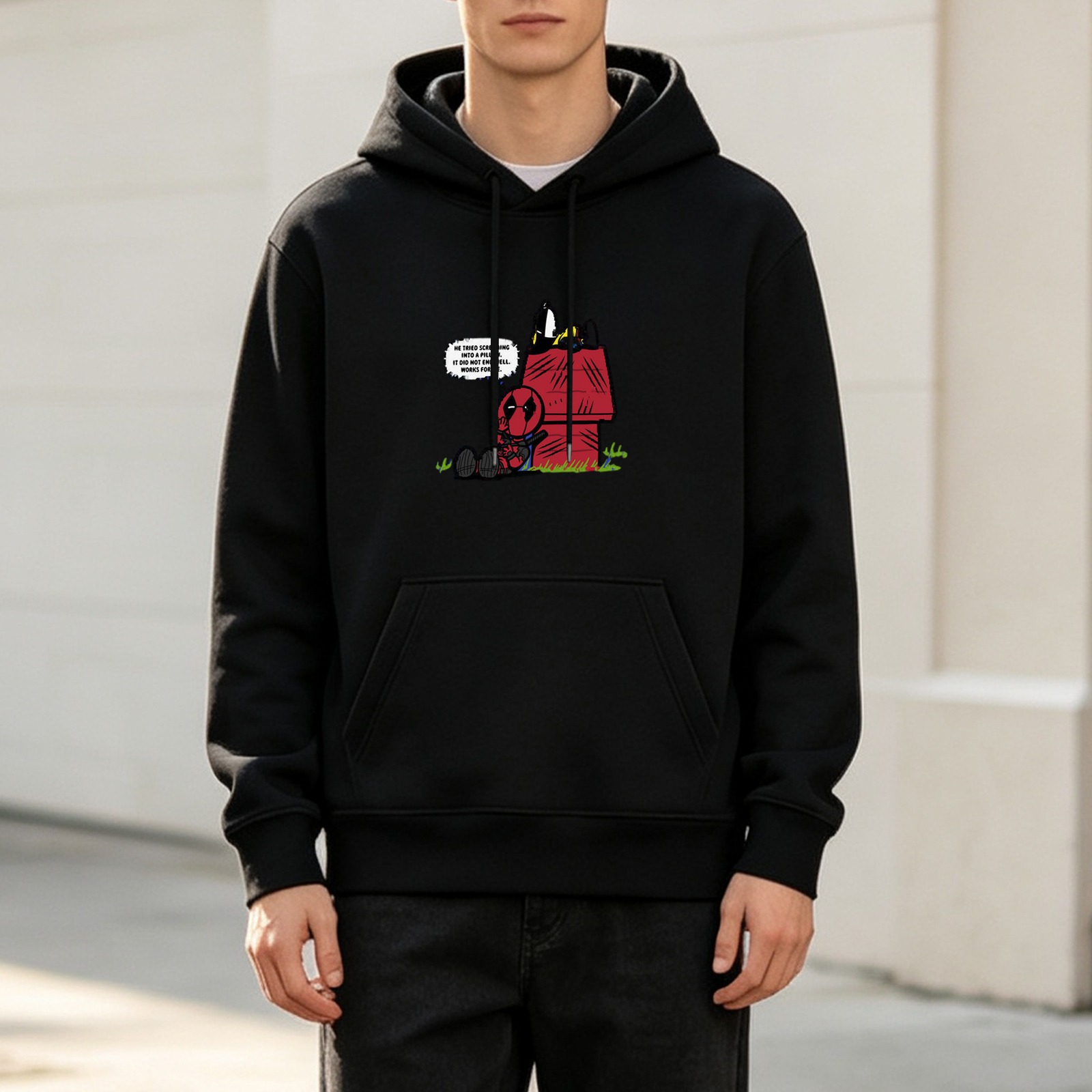 Black hoodie with Deadpool Snoopy mashup graphic design