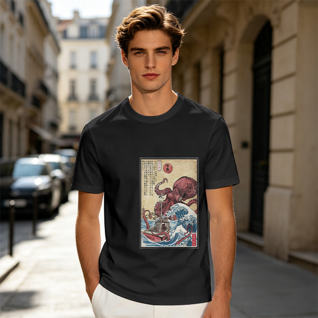 Olive T-shirt with Japanese octopus and wave woodblock print