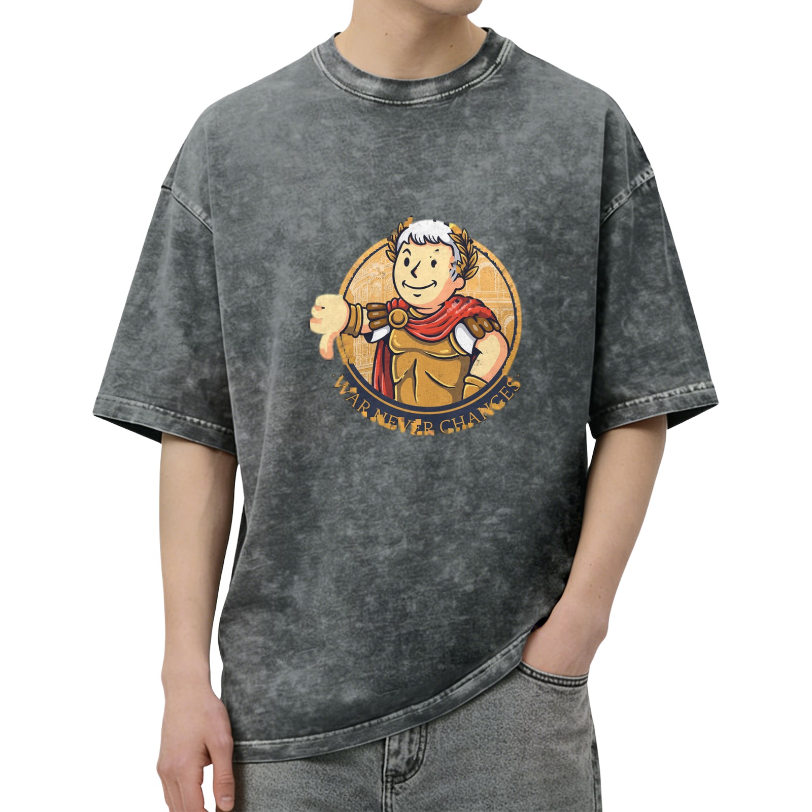 Washed Black T-Shirt with Roman Caesar Vault Boy 'War Never Changes' Graphic
