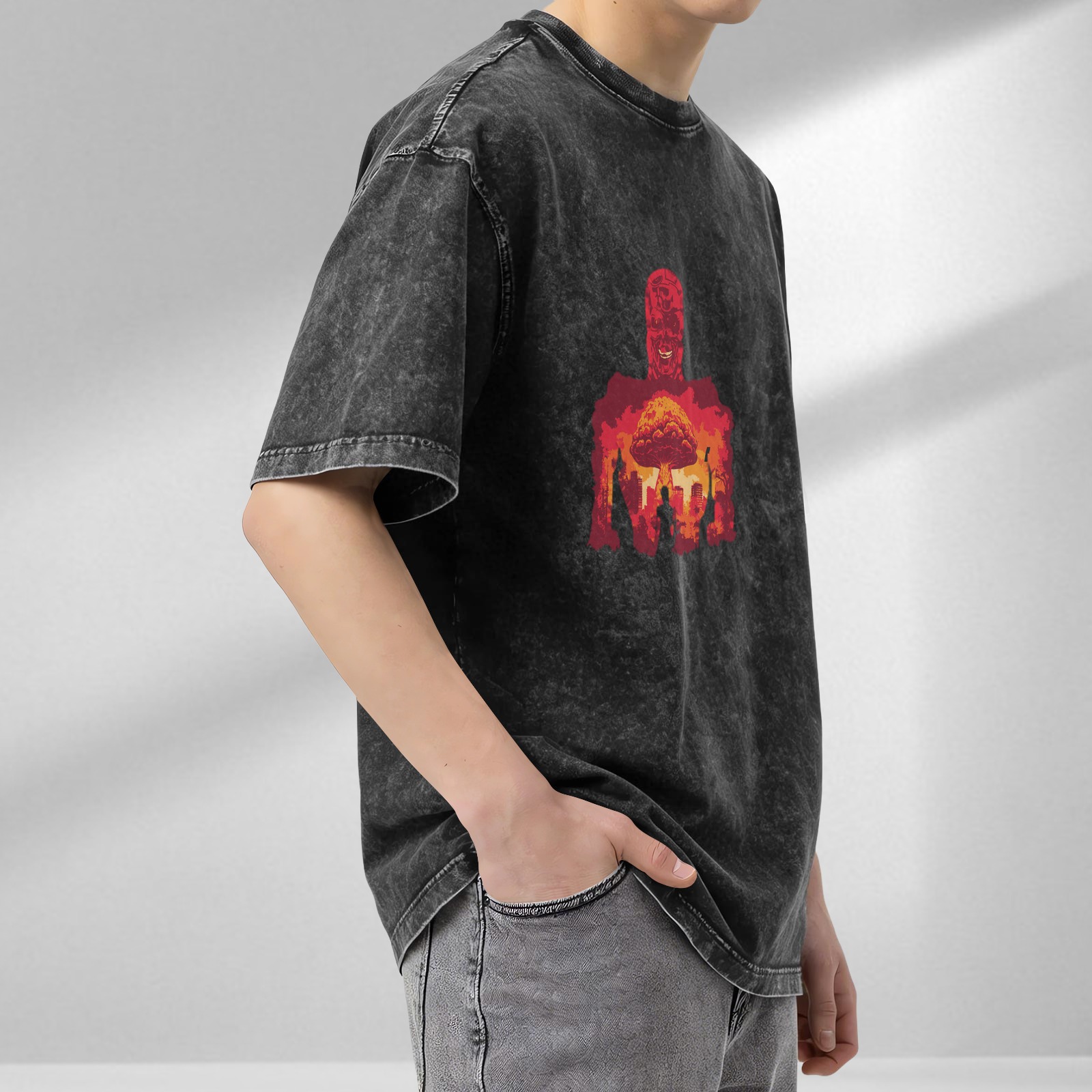 Oversized Acid Wash T-Shirt with Nuclear Explosion Skull Art