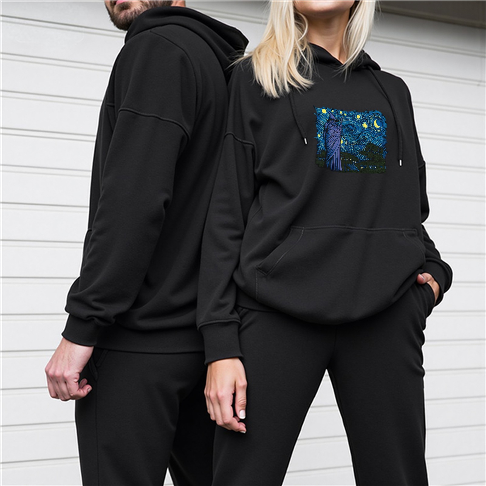 Black hoodie with Starry Night style wizard graphic print