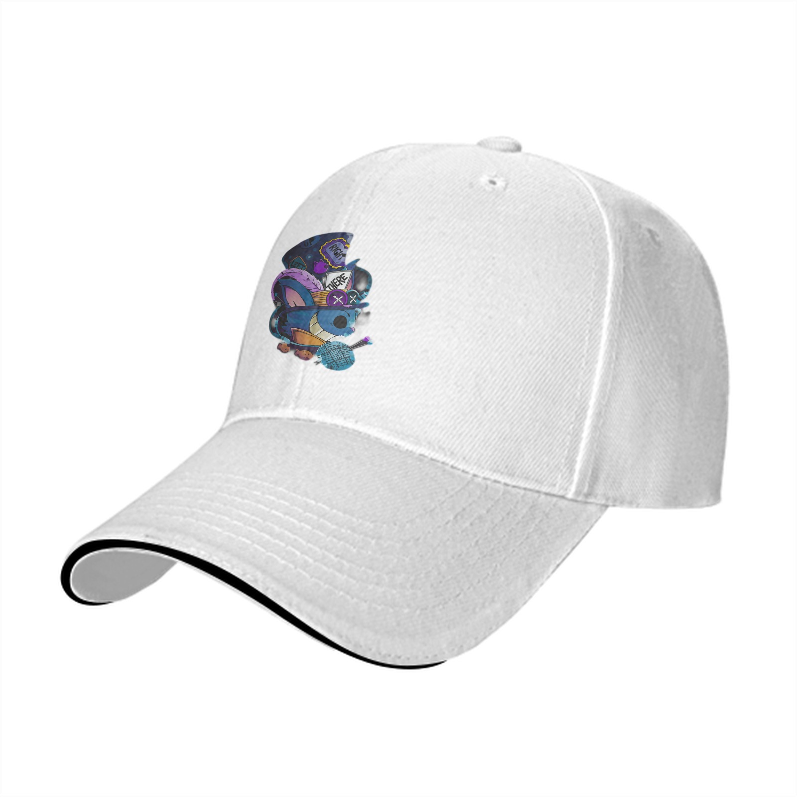 Black baseball cap with whimsical blue creature graphic