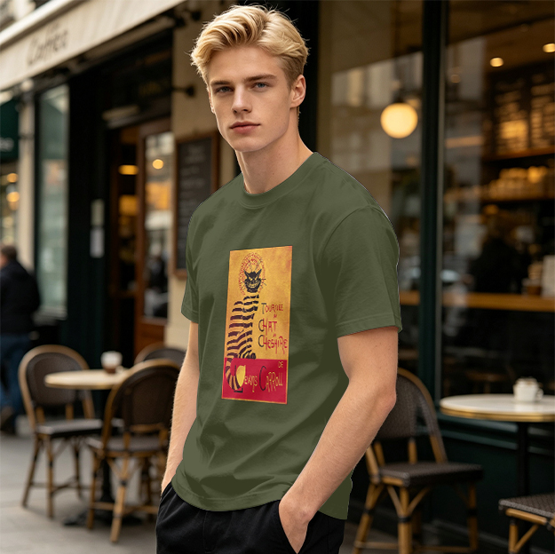 Olive T-shirt with Cheshire Cat Tournee Chat Print