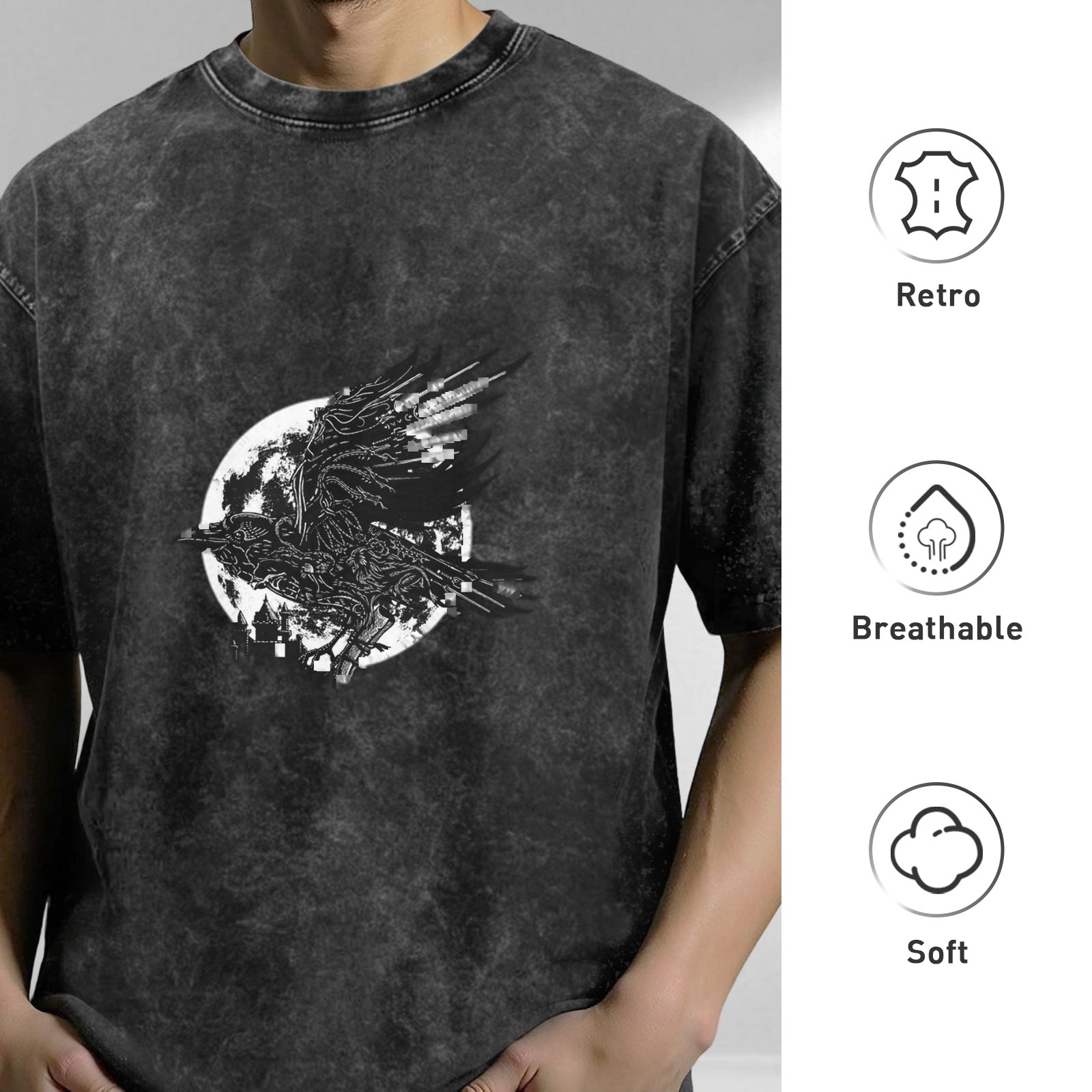 Distressed washed black crow and moth pattern round neck short-sleeved T-shirt