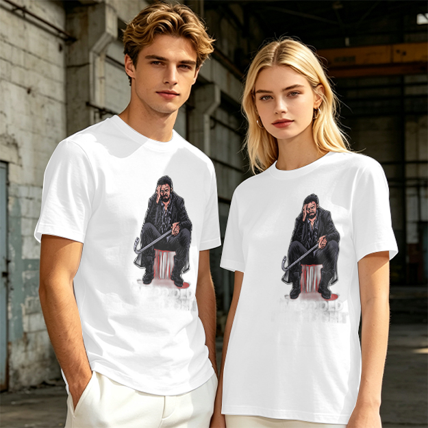 Olive T-shirt with seated bearded man holding crowbar graphic