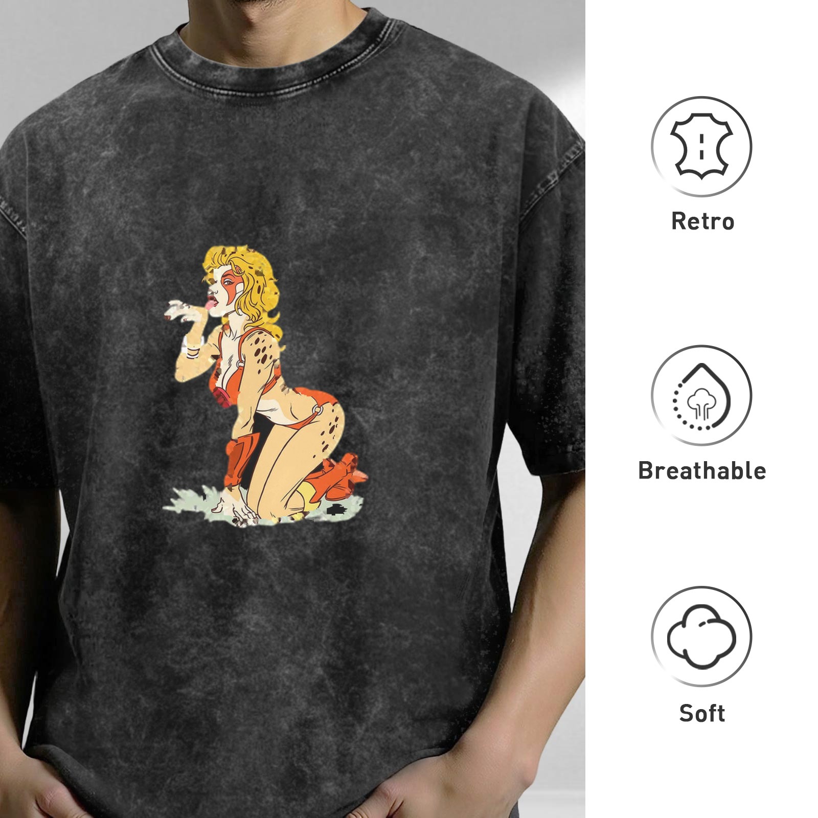 oversized acid wash t-shirt with retro cheetah girl graphic print