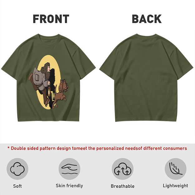 Olive T-Shirt With Cartoon Man And Dog Running Graphic