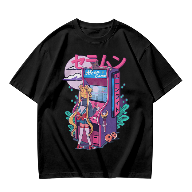 Anime girl playing moon arcade game graphic tee