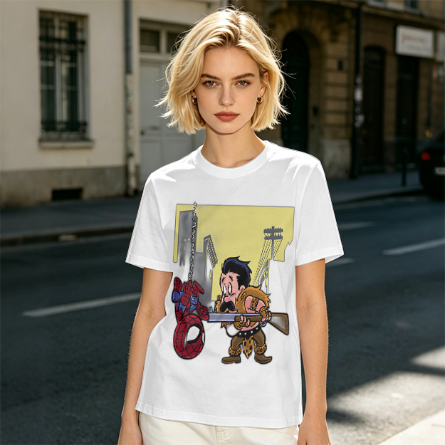 Olive T-shirt with Spider-Man and Hunter Cartoon Print