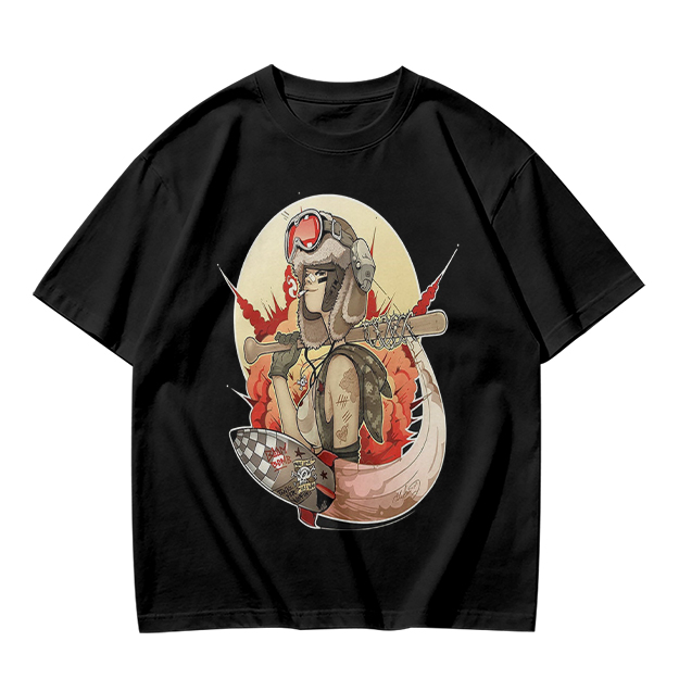 Olive T-Shirt with Retro Military Pilot Girl Graphic Print
