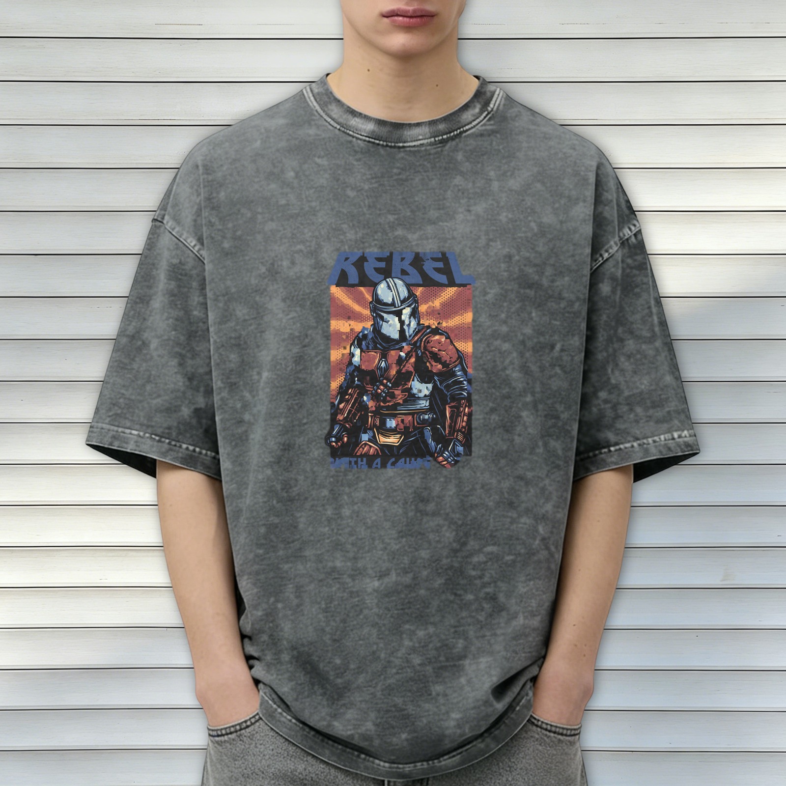 Washed Black T-Shirt With Rebel Bounty Hunter Graphic