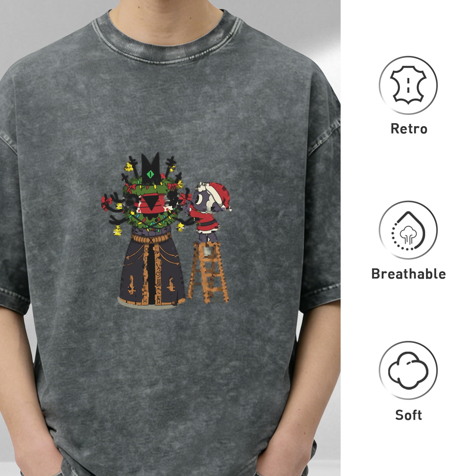 Washed Black T-Shirt With Cute Christmas Character Decorating Artwork