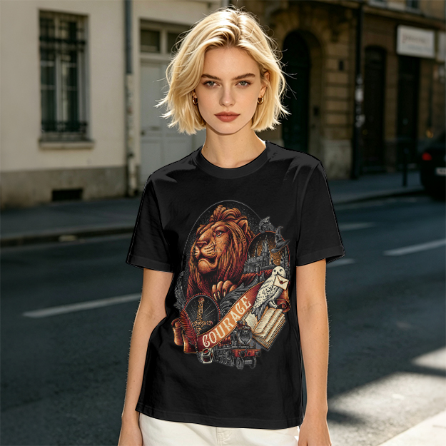 Olive T-Shirt With Lion Courage Themed Fantasy Art Print