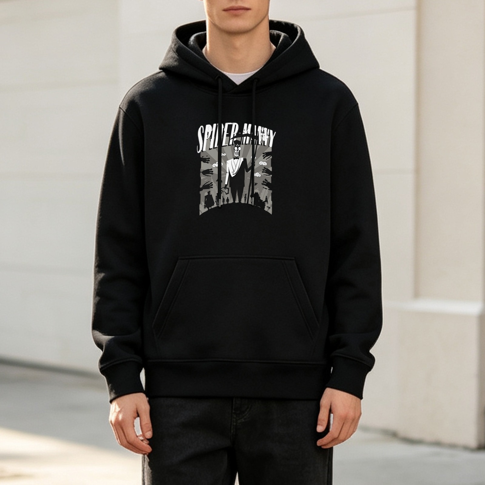 Black hoodie with Spider Nanny graphic print design