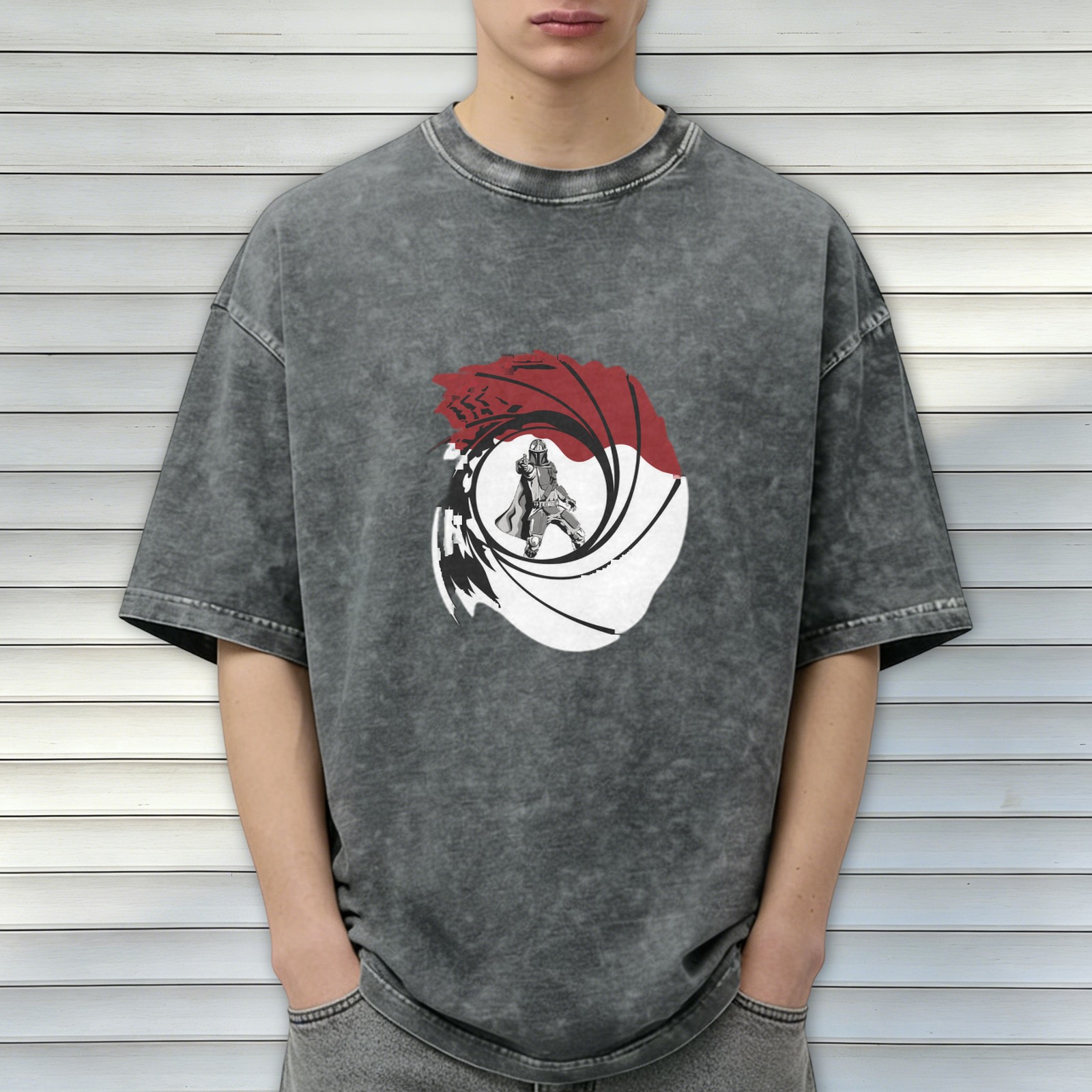 Distressed black round neck short-sleeved T-shirt with secret agent theme gun barrel pattern print