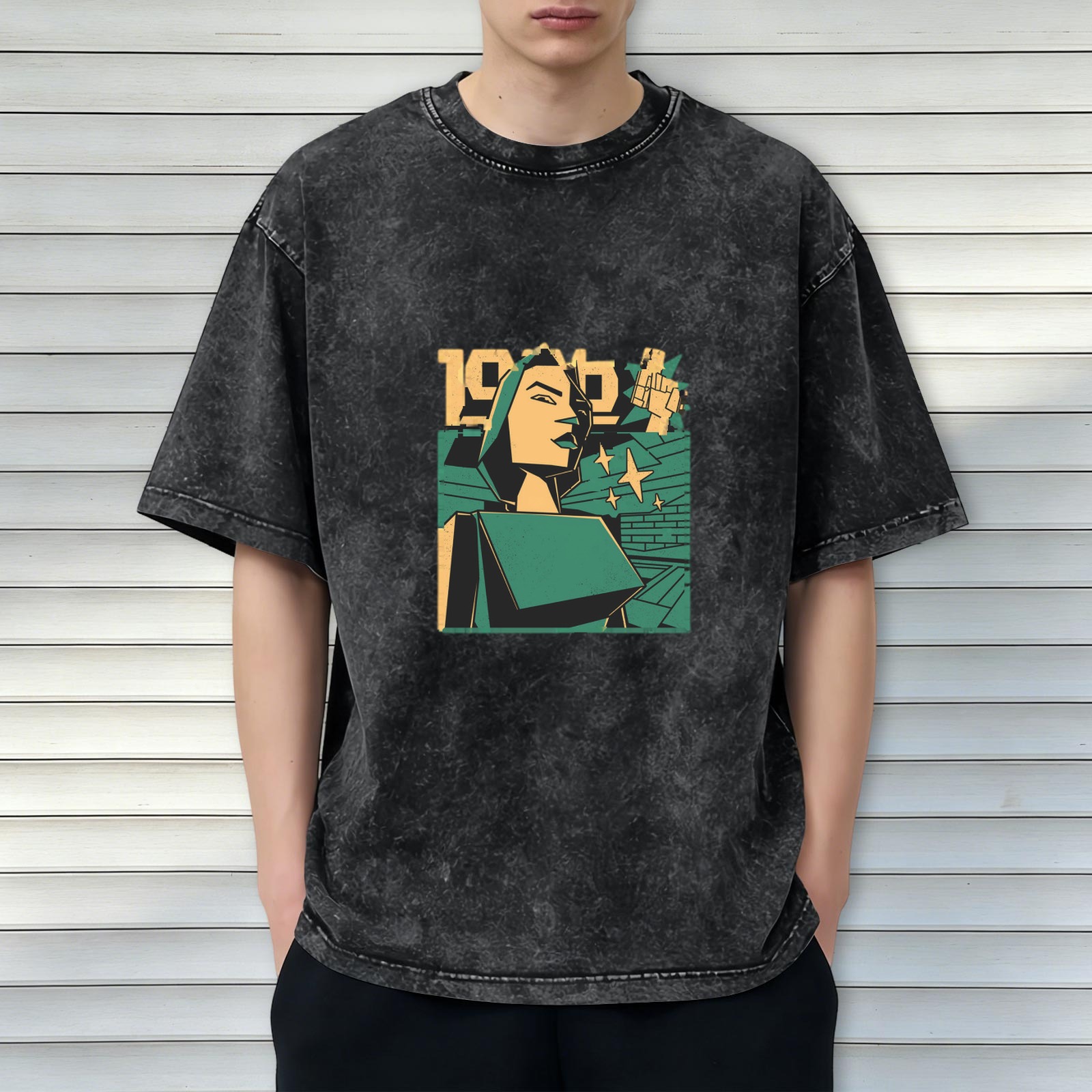 Oversized Acid Wash T-Shirt With Retro Propaganda Style Graphic Print