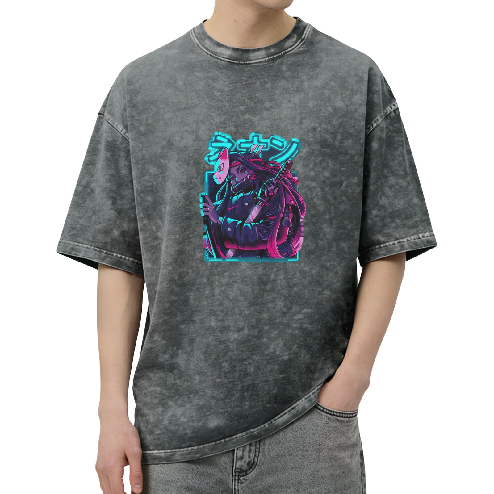 Oversized Acid Wash T-Shirt With Neon Anime Samurai Graphic
