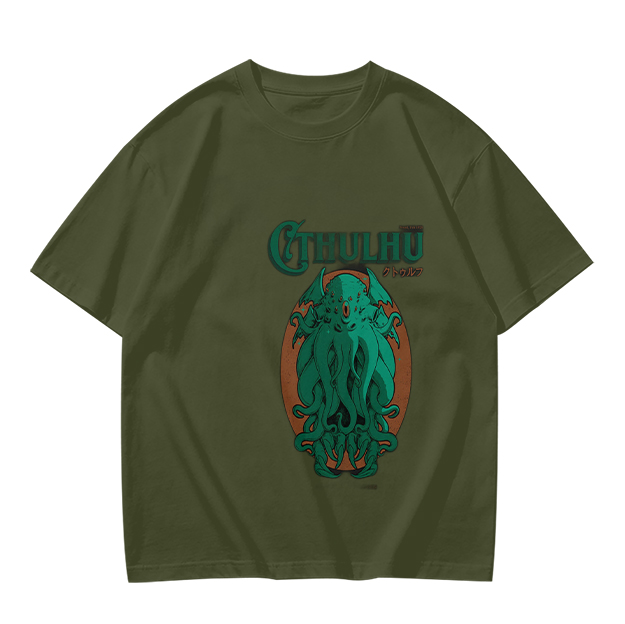 Olive Green Cthulhu Graphic T-Shirt with Mythos Monster Art