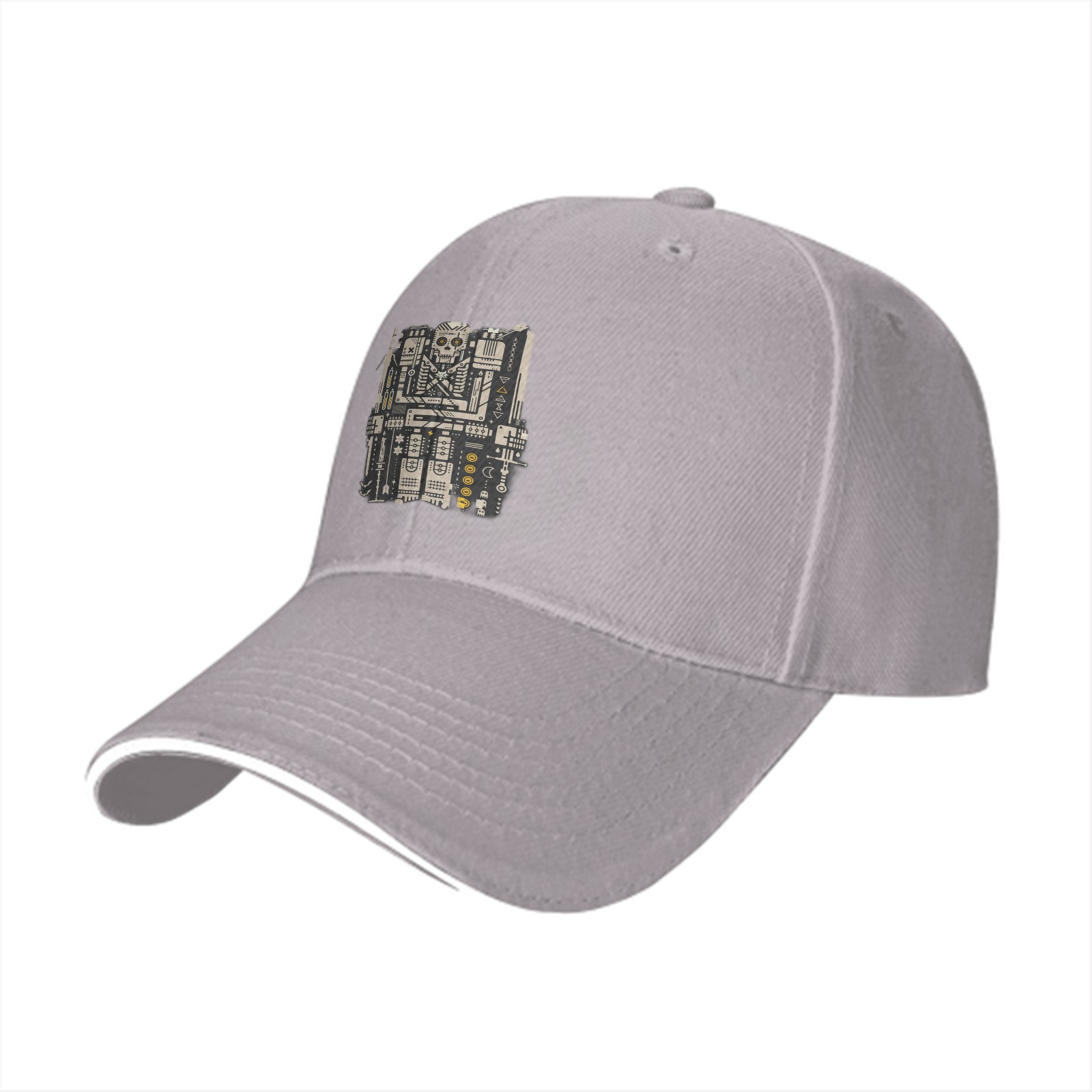 Black Baseball Cap With Cybernetic Skull Circuit Artwork