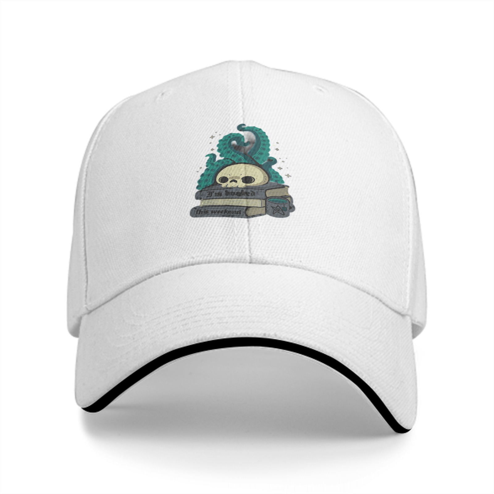 Black baseball cap with skull tentacle book graphic design