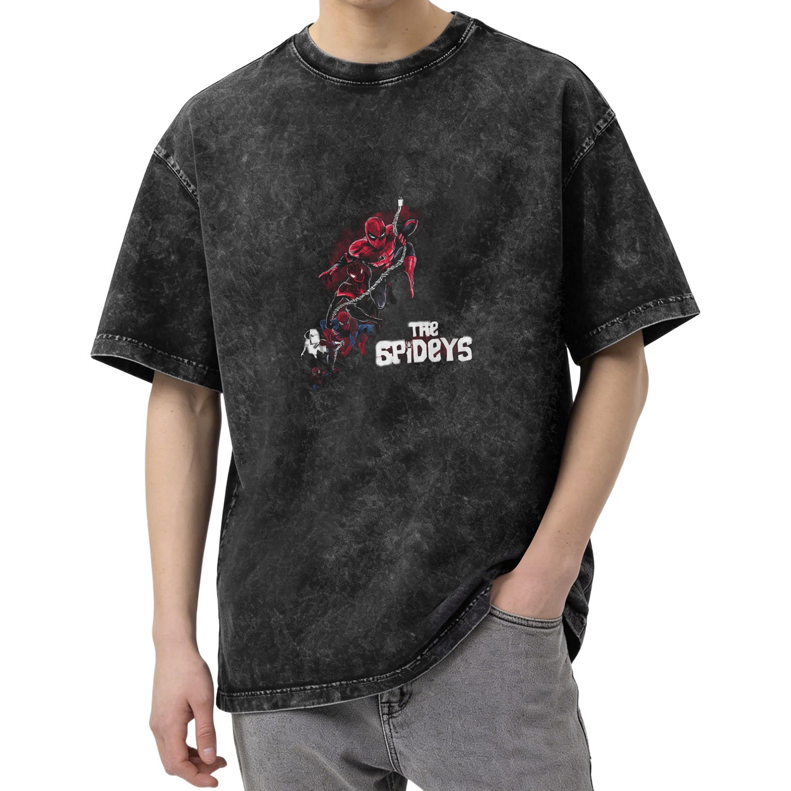 Washed and distressed black Spider-Man themed short-sleeved T-shirt Loose casual crew neck top